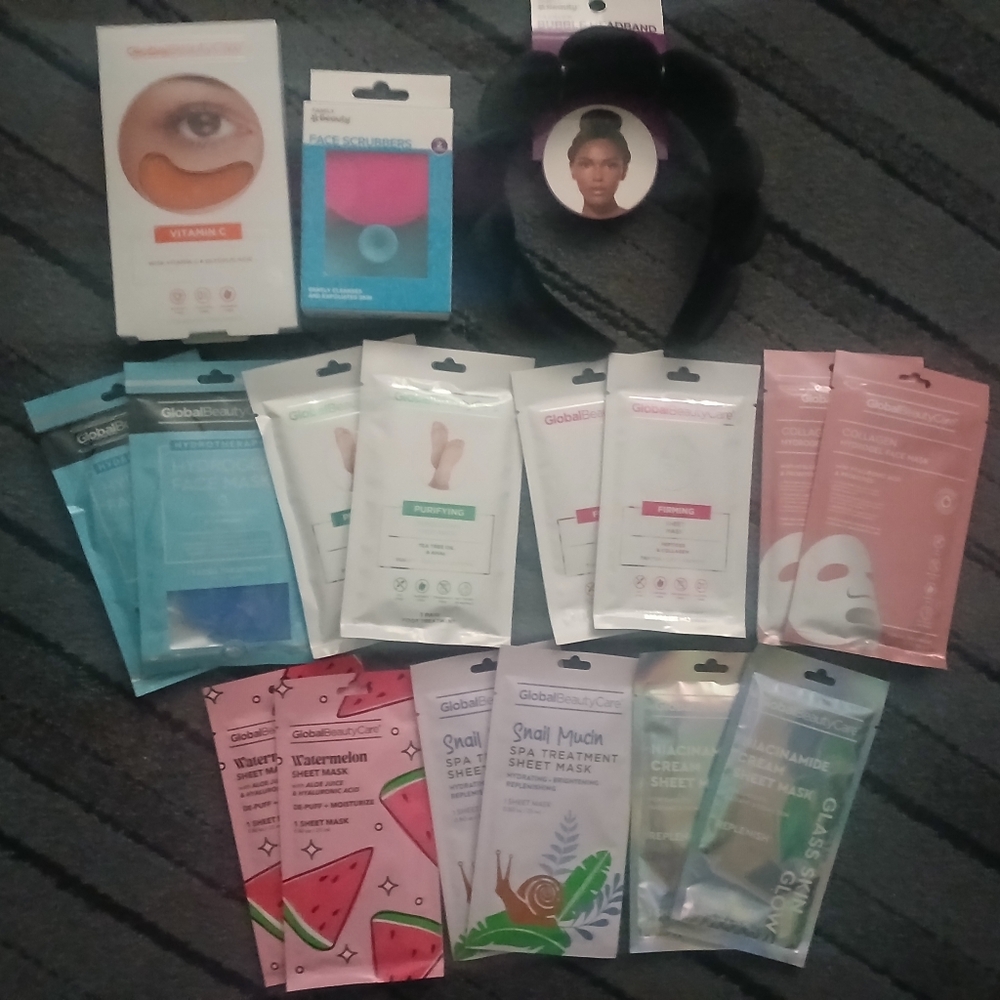 NIB 20 Piece Lot Assorted Skincare Masks Velvet Headband Face Scrubbers Eye Mask